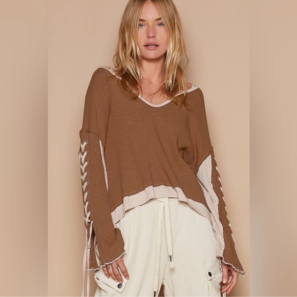 NWOT POL Brown and Cream Lace-Up Sweater - Picture 3 of 5